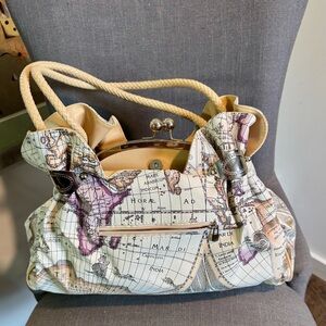 Large Map Print Women's Bag - Kiss lock closure - unique and retro